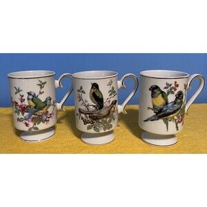 Vintage Royal Crown- Bone China Bird Cups-Set Of 3 - Footed-Gold Trim-Coffee/tea